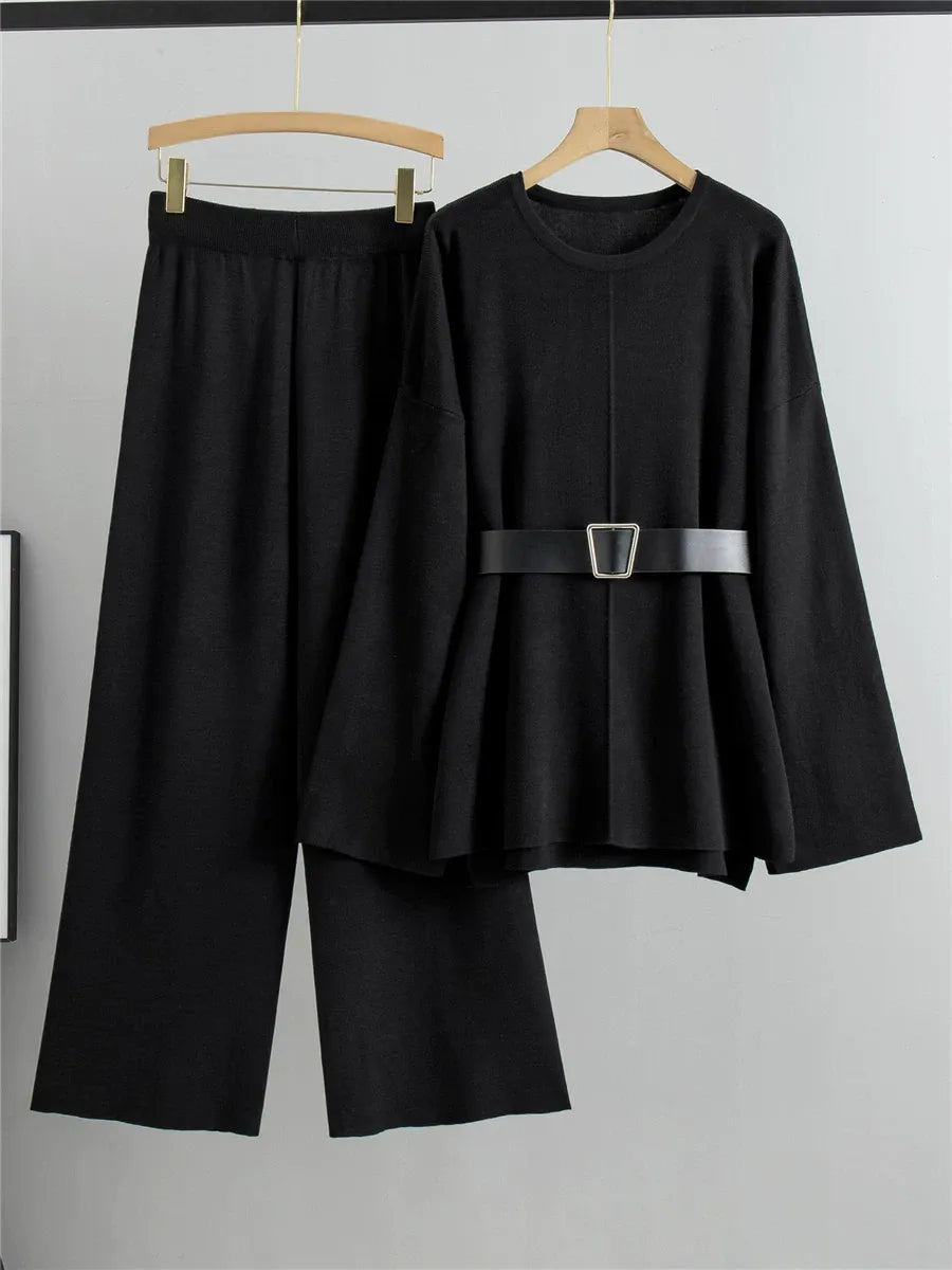 Women’s Knit Two-Piece Suit – Relaxed Fit Sweater with Belt – Wide-Leg Pants