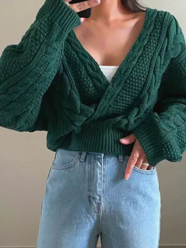 Women’s Knit Sweater – Wool Blend – Oversized Fit – Asymmetric V-Neck – Cable Stitch