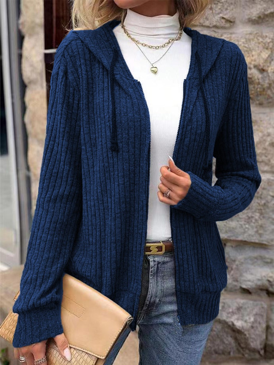 Women’s Knit Sweater – Relaxed Fit – Ribbed Texture – Zipper Front – Hooded – Long Sleeve