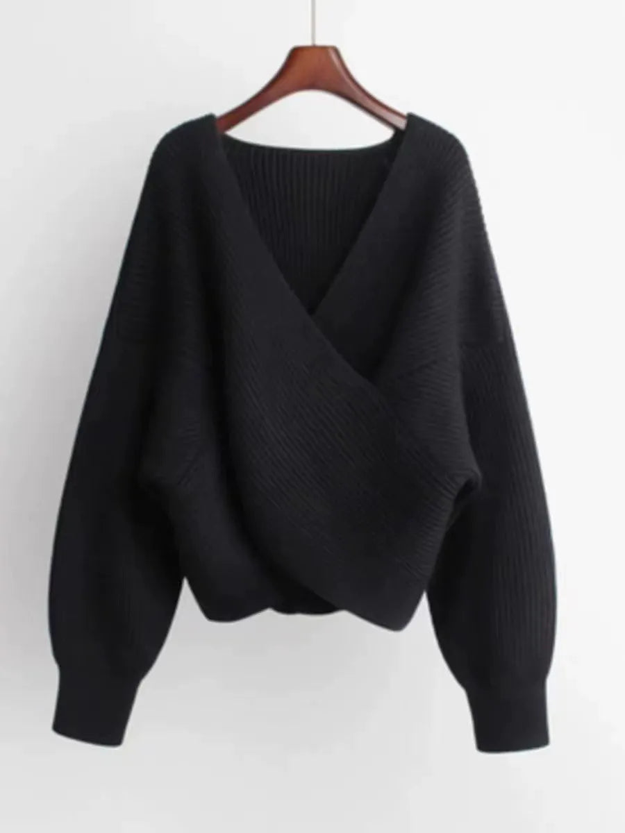 Women’s Sweatshirt – Oversized Fit – Ribbed Knit – V-Neck – Balloon Sleeves – Casual