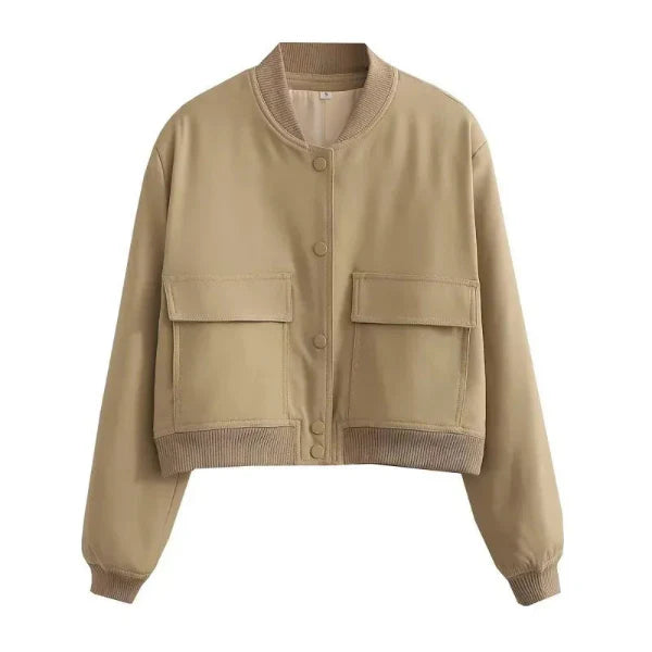 Women’s Bomber Jacket – Relaxed Fit – Cropped Waist – Button Front – Flap Pockets