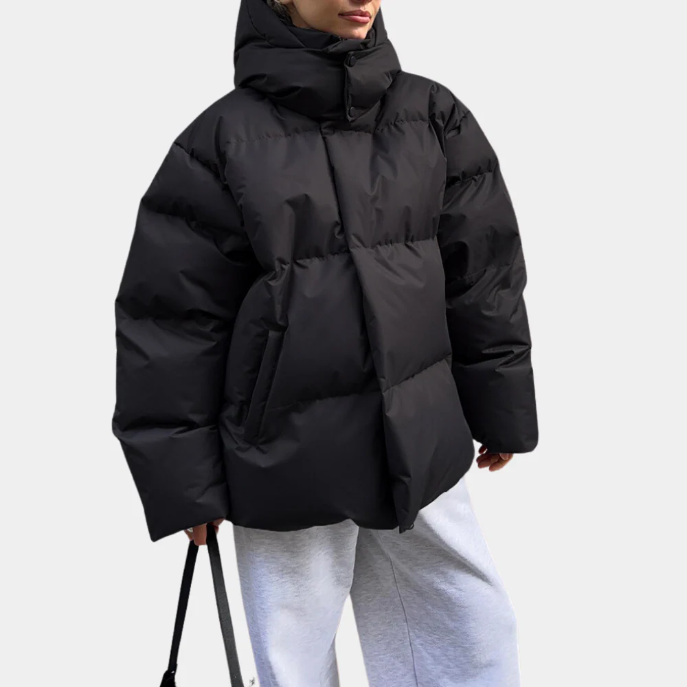 Women’s Padded Jacket – Oversized Fit – Quilted Hooded Design – Hip Length Zip Closure