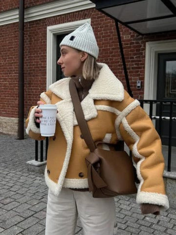 Women’s Oversized Jacket – Faux Shearling – Contrast Trim – Cropped Fit – Casual Layering