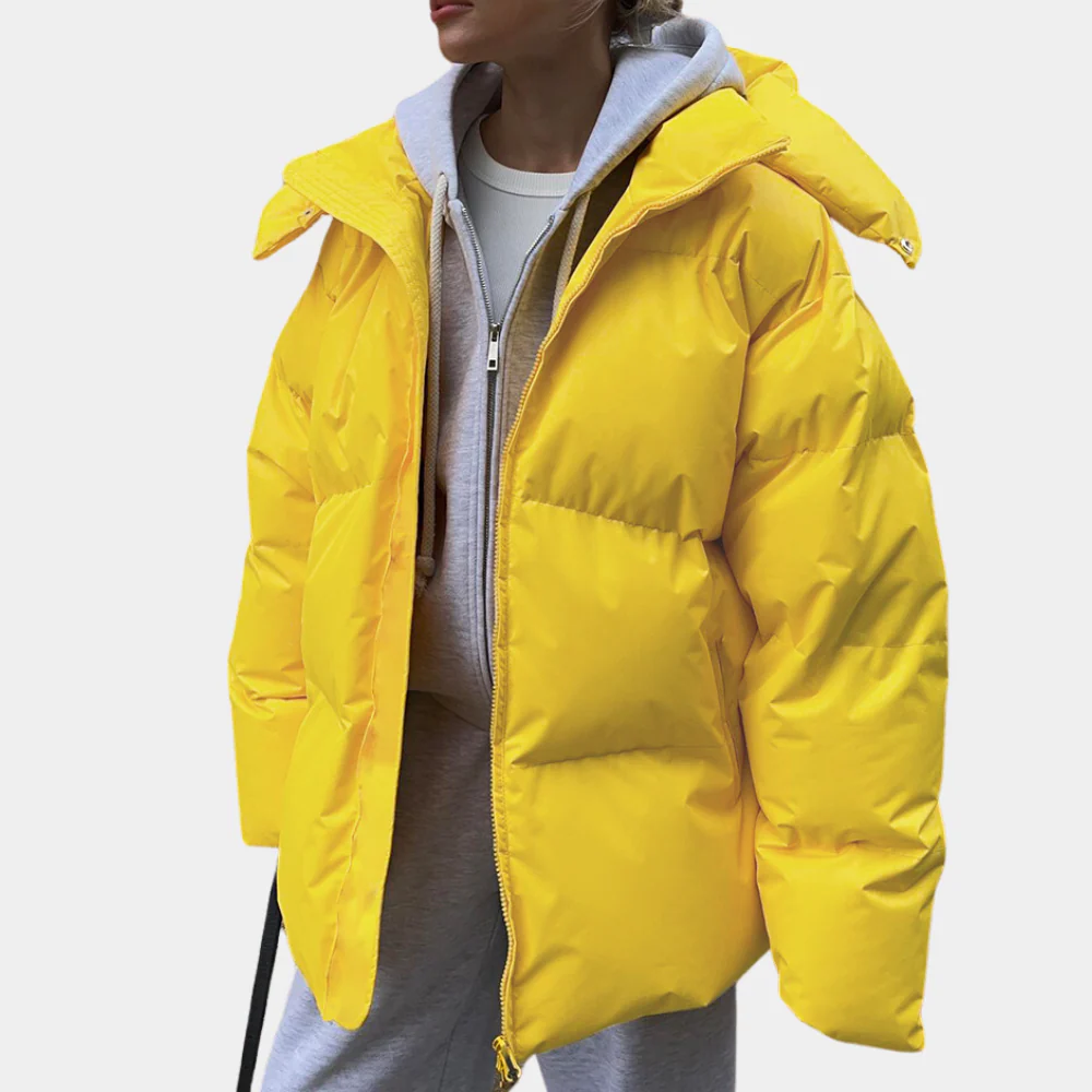 Women’s Padded Jacket – Oversized Fit – Quilted Hooded Design – Hip Length Zip Closure
