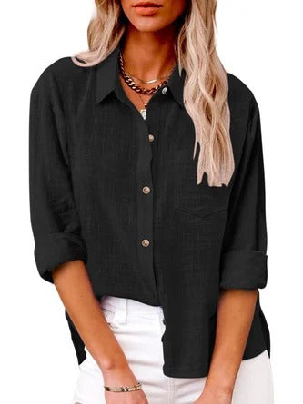 Women’s Long Sleeve Shirt – Relaxed Fit – Natural Fibers – Classic Collar – Button Front