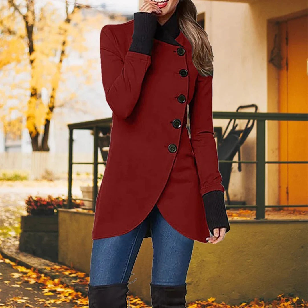 Women’s Tailored Jacket – Wool Blend – Asymmetrical Button-Up – High Collar – Mid-Thigh Length