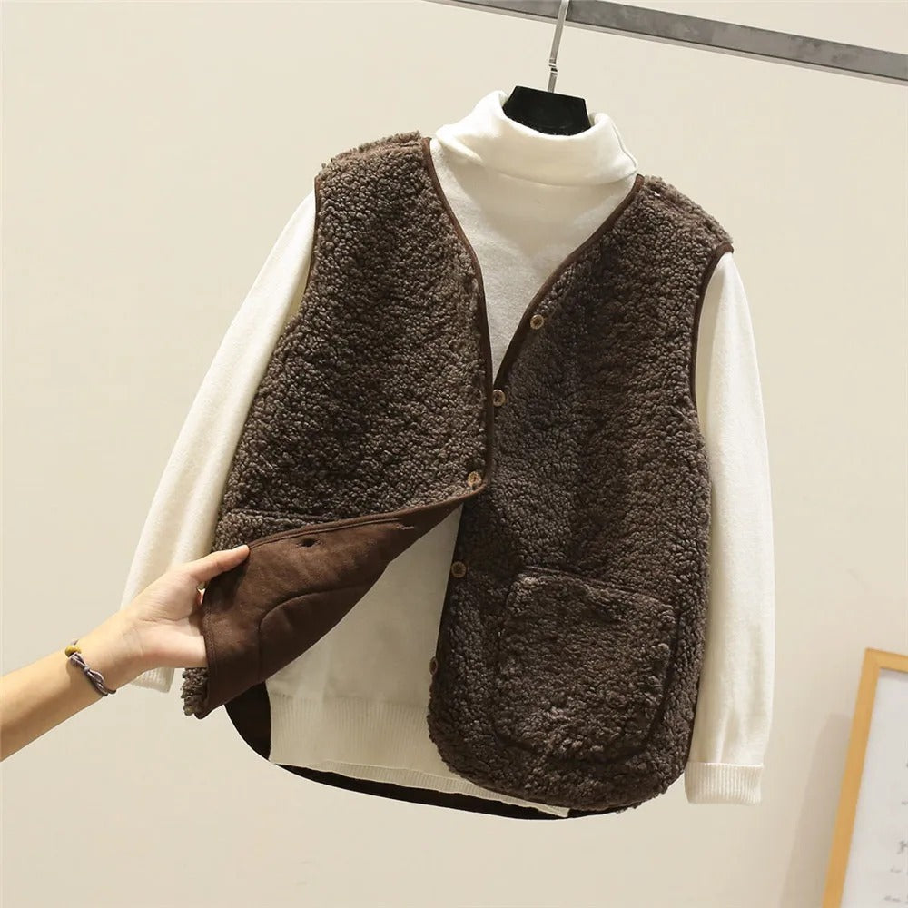 Women’s Puffer Gilet – Sherpa Fleece – Relaxed Fit – Button Front – Sleeveless Layering