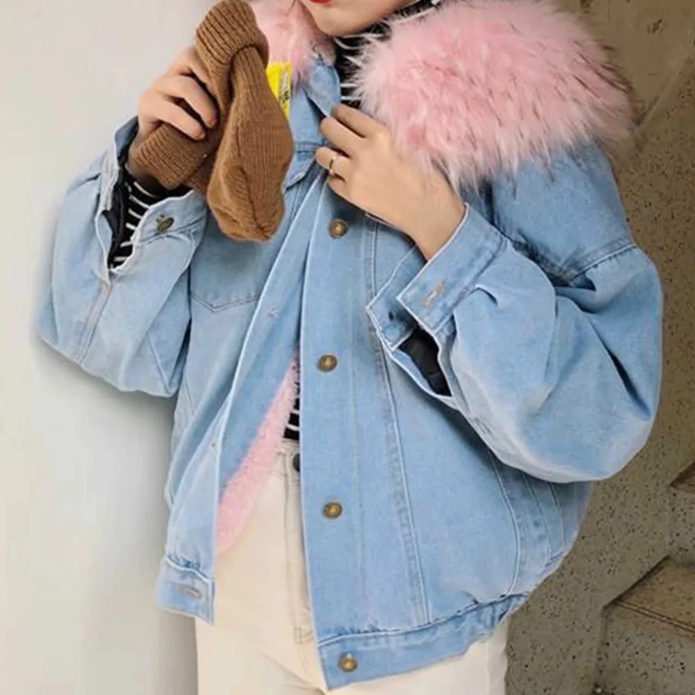 Women’s Denim Jacket – Oversized Fit – Faux Fur Collar – Fleece Lined – Button Front