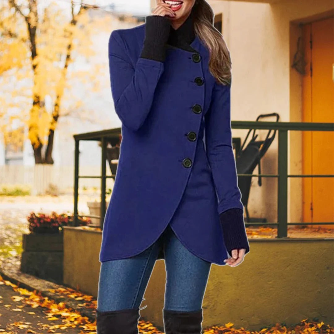 Women’s Tailored Jacket – Wool Blend – Asymmetrical Button-Up – High Collar – Mid-Thigh Length