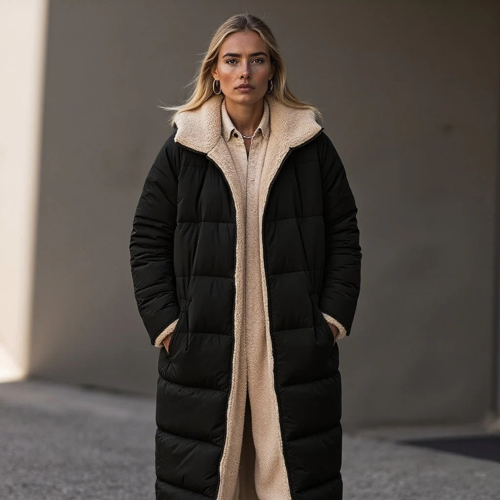 Women’s Quilted Jacket – Relaxed Fit – Fleece Collar – Full Length Insulated Outerwear