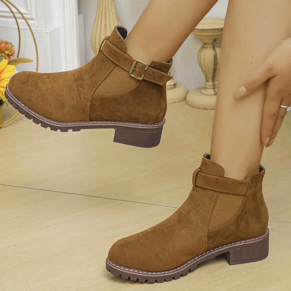Women’s Ankle Boots – Suede Texture – Buckle Strap – Block Heel – Gripped Sole