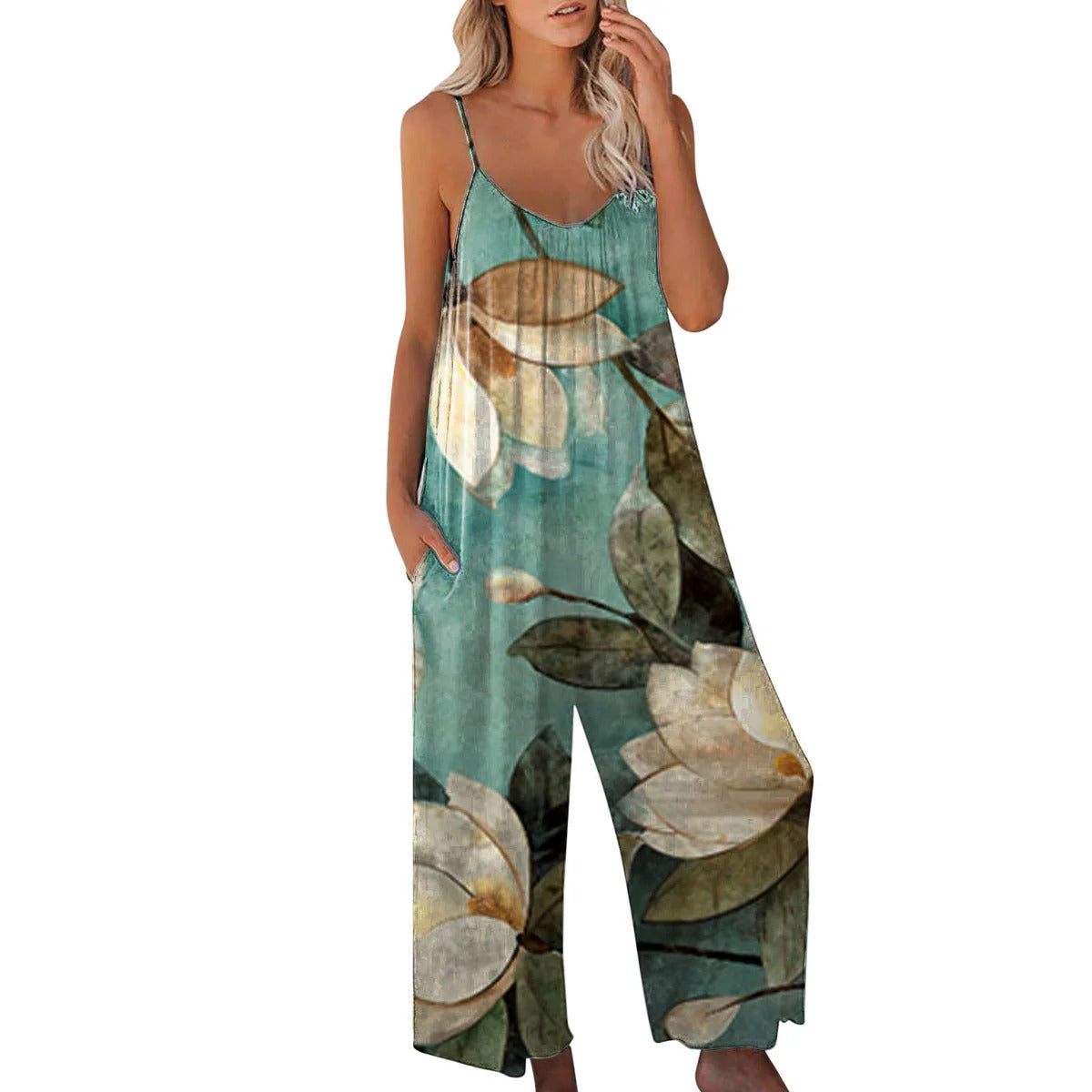 Women’s Jumpsuit – Relaxed Fit – Wide Leg – Spaghetti Straps – Cotton Blend Fabric