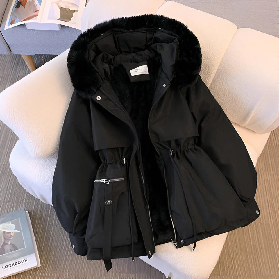 Women’s Mid-Length Coat – Fur-Lined Hood – Cinched Waist – Puff Sleeves – Snap Cuffs