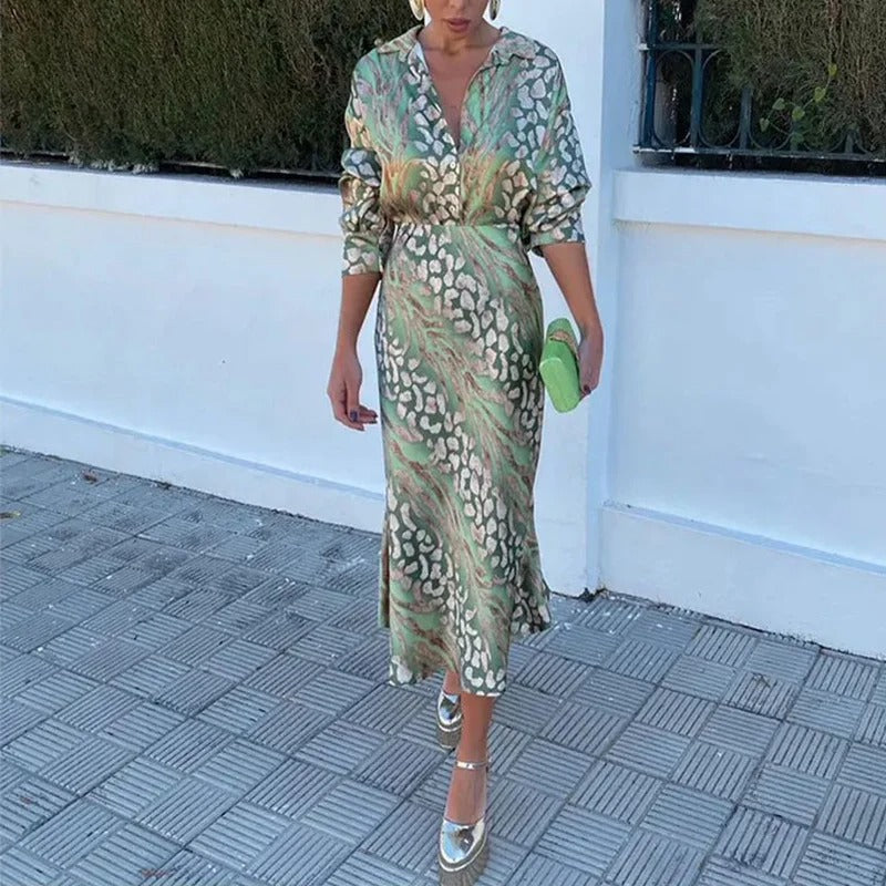 Women’s Two-Piece Set – V-Neck Long Sleeve Top – Midi Skirt – Floral Luxury Fabric