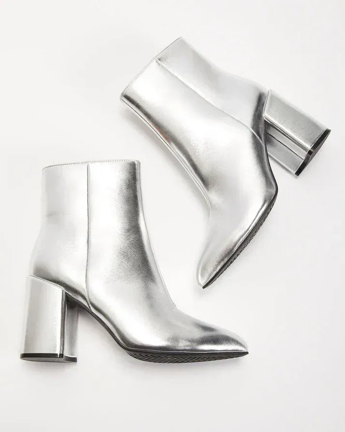 Women’s Ankle Boots – Faux Leather – Pointed Toe – Flared Block Heel – Side Zipper