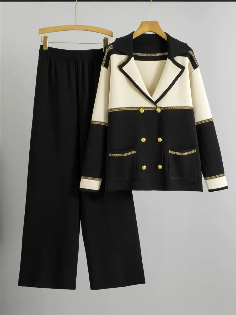 Women’s Two-Piece Suit – Knit Blazer and Wide-Leg Pants – Double-Breasted Fit