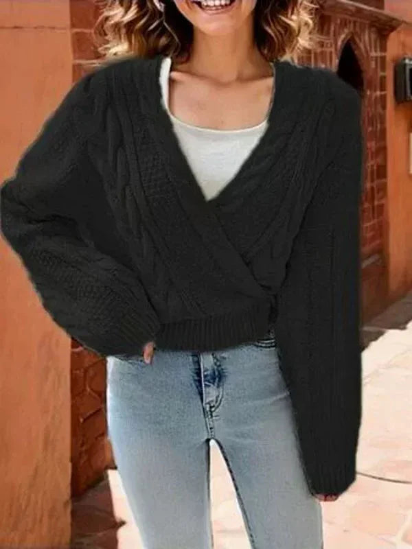 Women’s Knit Sweater – Wool Blend – Oversized Fit – Asymmetric V-Neck – Cable Stitch