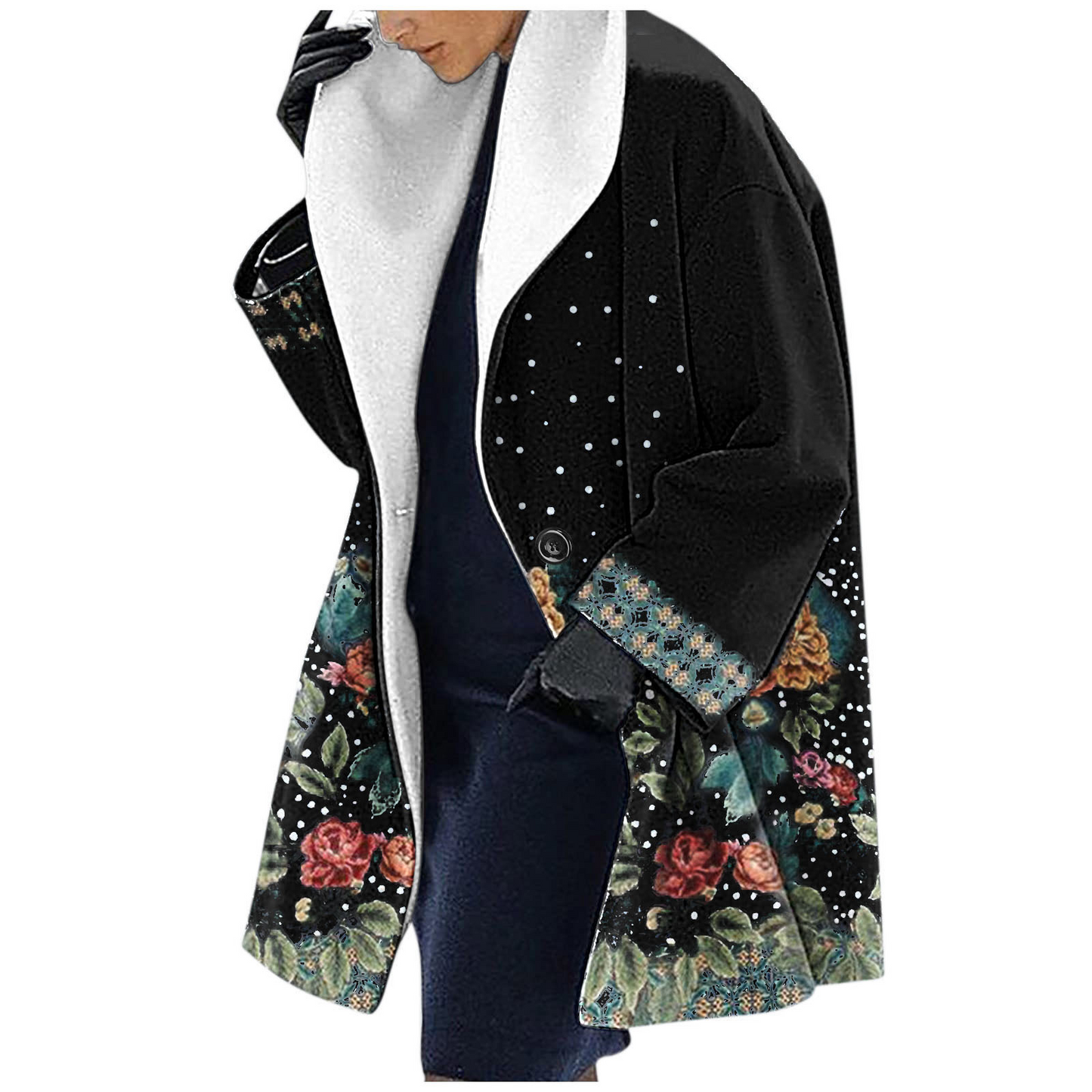Women’s Hooded Jacket – Wool – Loose Fit – Mid-Length – Ethnic Print Casual Style