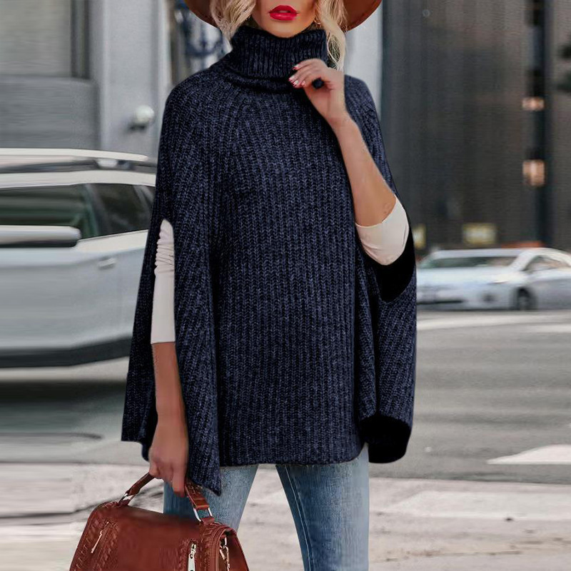 Women’s Sweater Cape – Loose Fit – High Neck – Wool Blend – Arm Slit Design