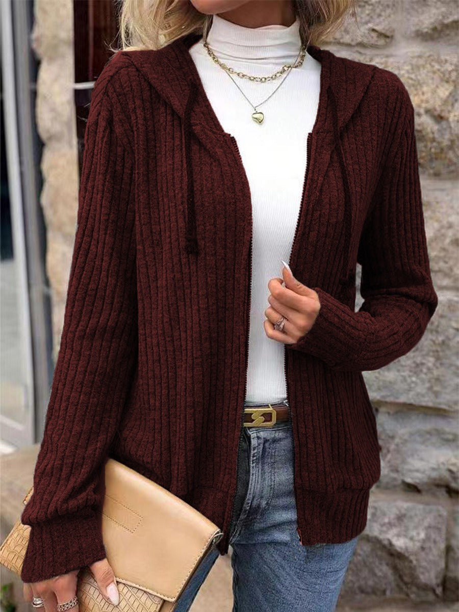 Women’s Knit Sweater – Relaxed Fit – Ribbed Texture – Zipper Front – Hooded – Long Sleeve