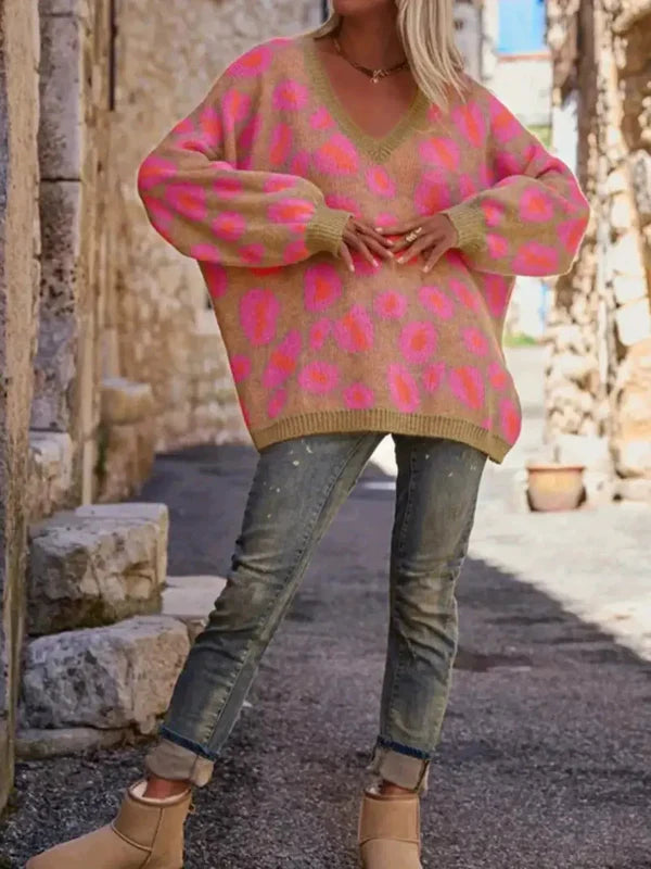 Women’s Sweater – Oversized Fit – Jacquard Knit – V-Neck – Long Sleeve Casual Style