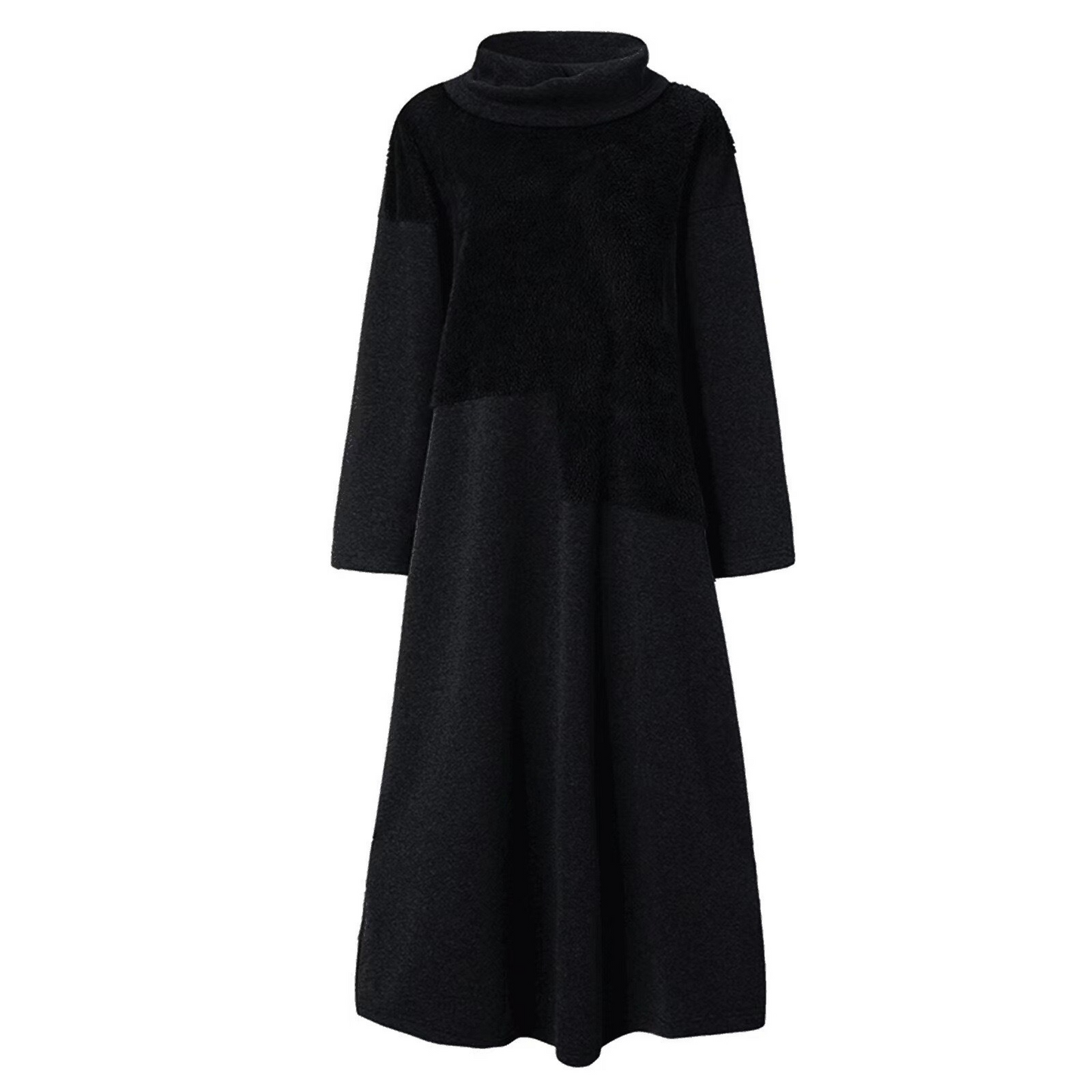 Women’s Long Sleeve Dress – Relaxed Fit – Plush Splice Detail – High Collar – Full Length