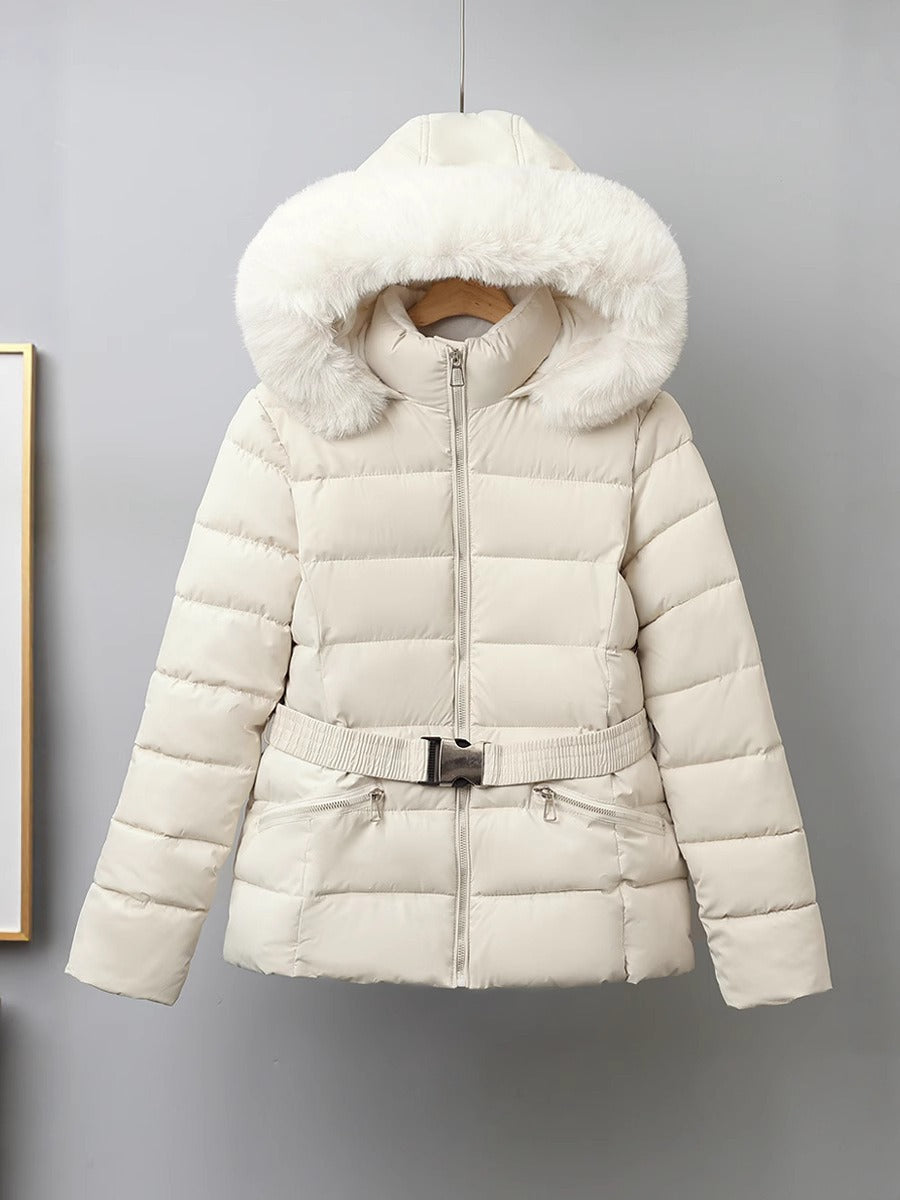 Women’s Puffer Coat – Quilted Insulated – Belted Fit – Removable Fur-Trimmed Hood