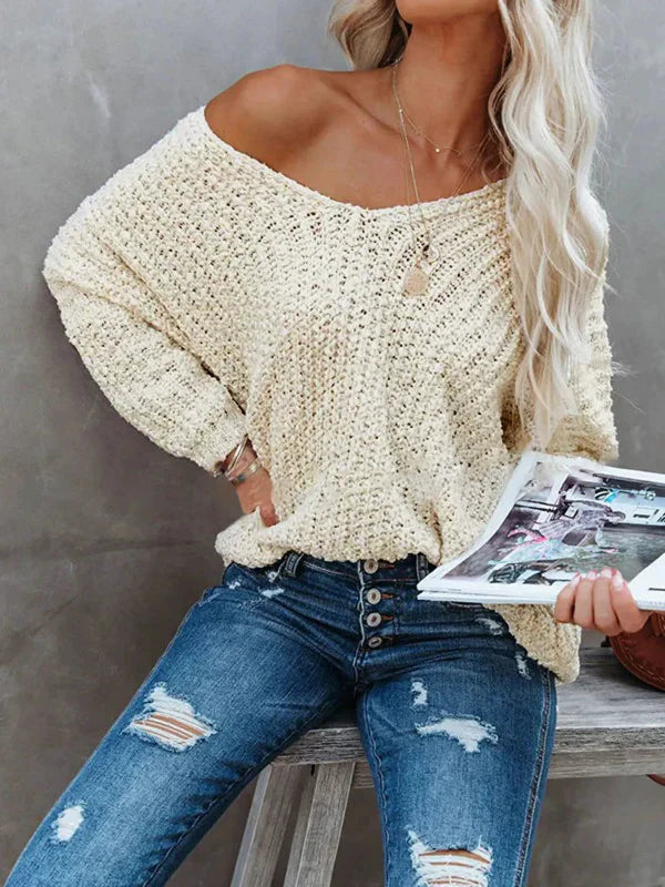 Women’s Pullover Sweater – Relaxed Fit – Textured Knit – V-Neck – Off Shoulder