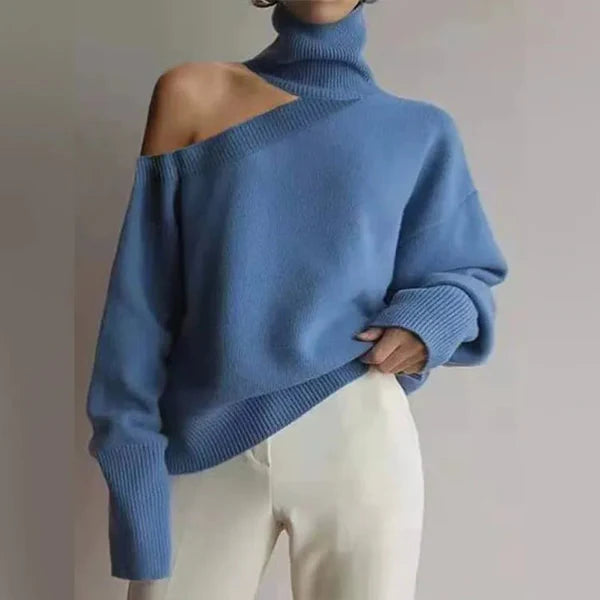 Women’s Sweater – Wool Blend – Oversized Fit – Turtleneck with Shoulder Cut-Out