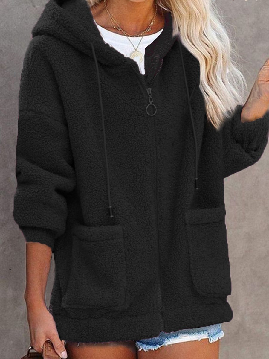 Women’s Hooded Jacket – Sherpa Feel – Oversized Fit – Zip Front – Pockets – Casual Style