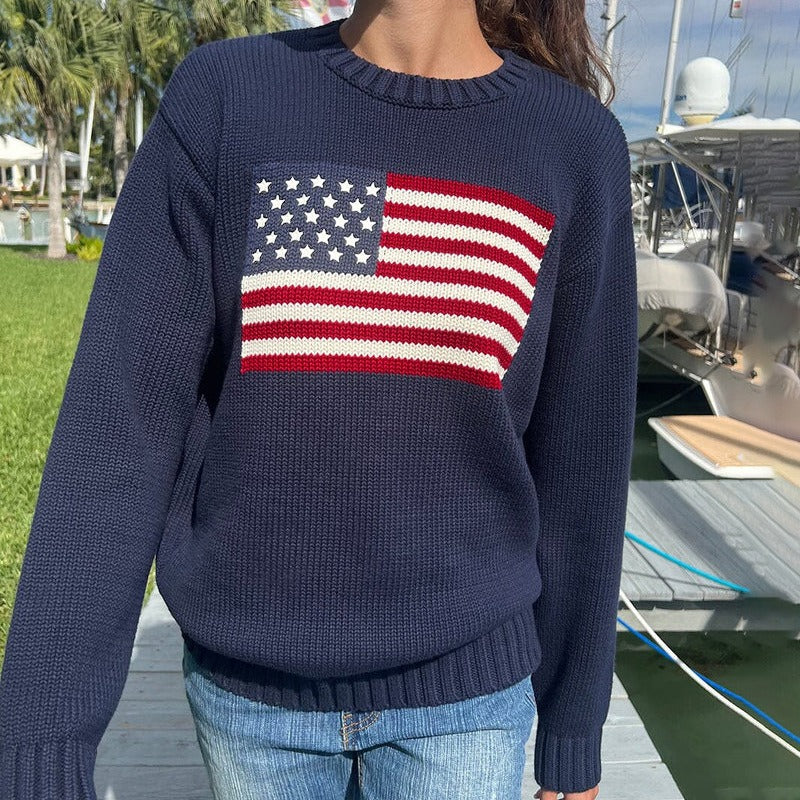 Women’s Knitted Sweatshirt – Relaxed Fit – Ribbed Crew Neck – Graphic Flag Print