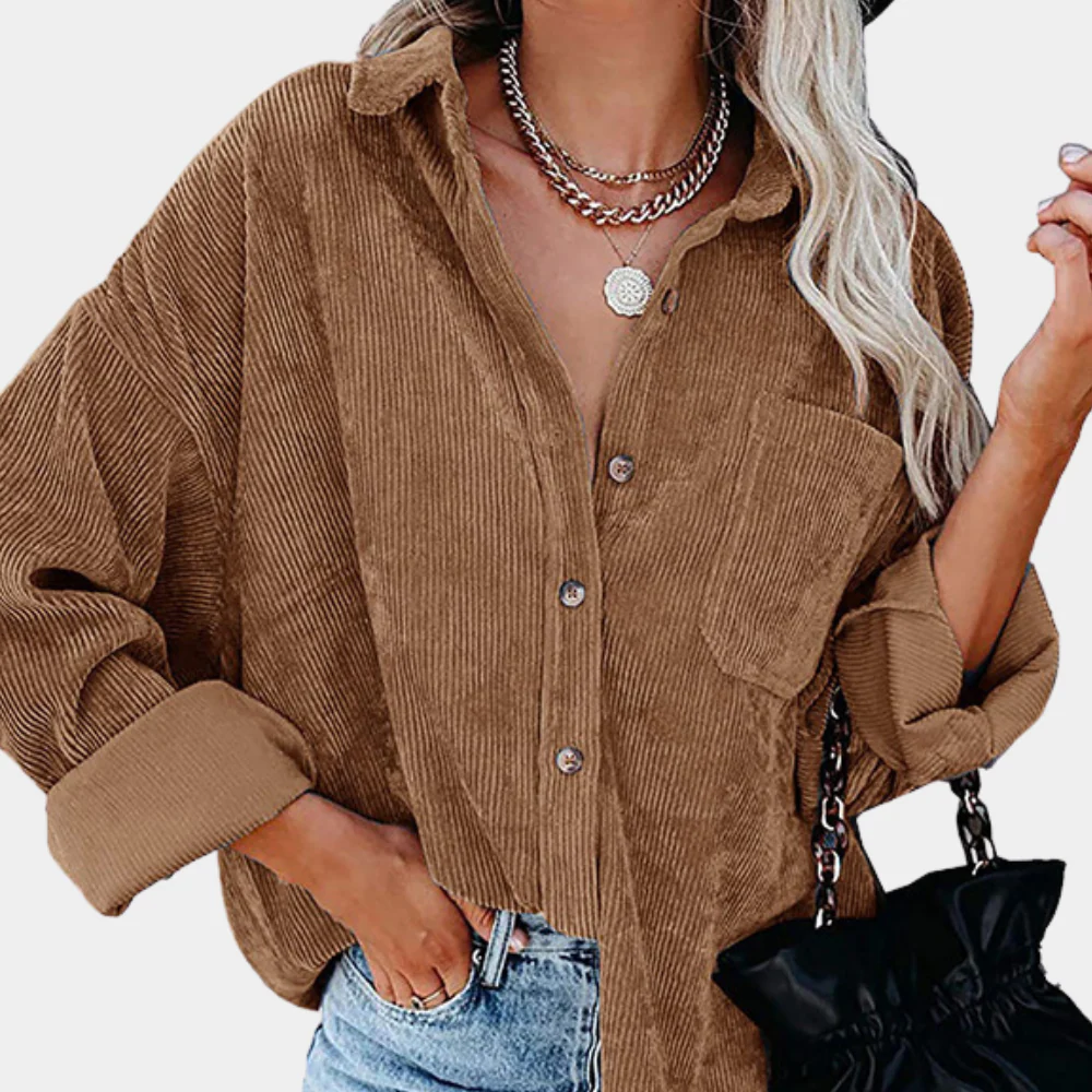 Women’s Corduroy Jacket – Oversized Fit – Button-Up Front – Hip-Length Casual Style