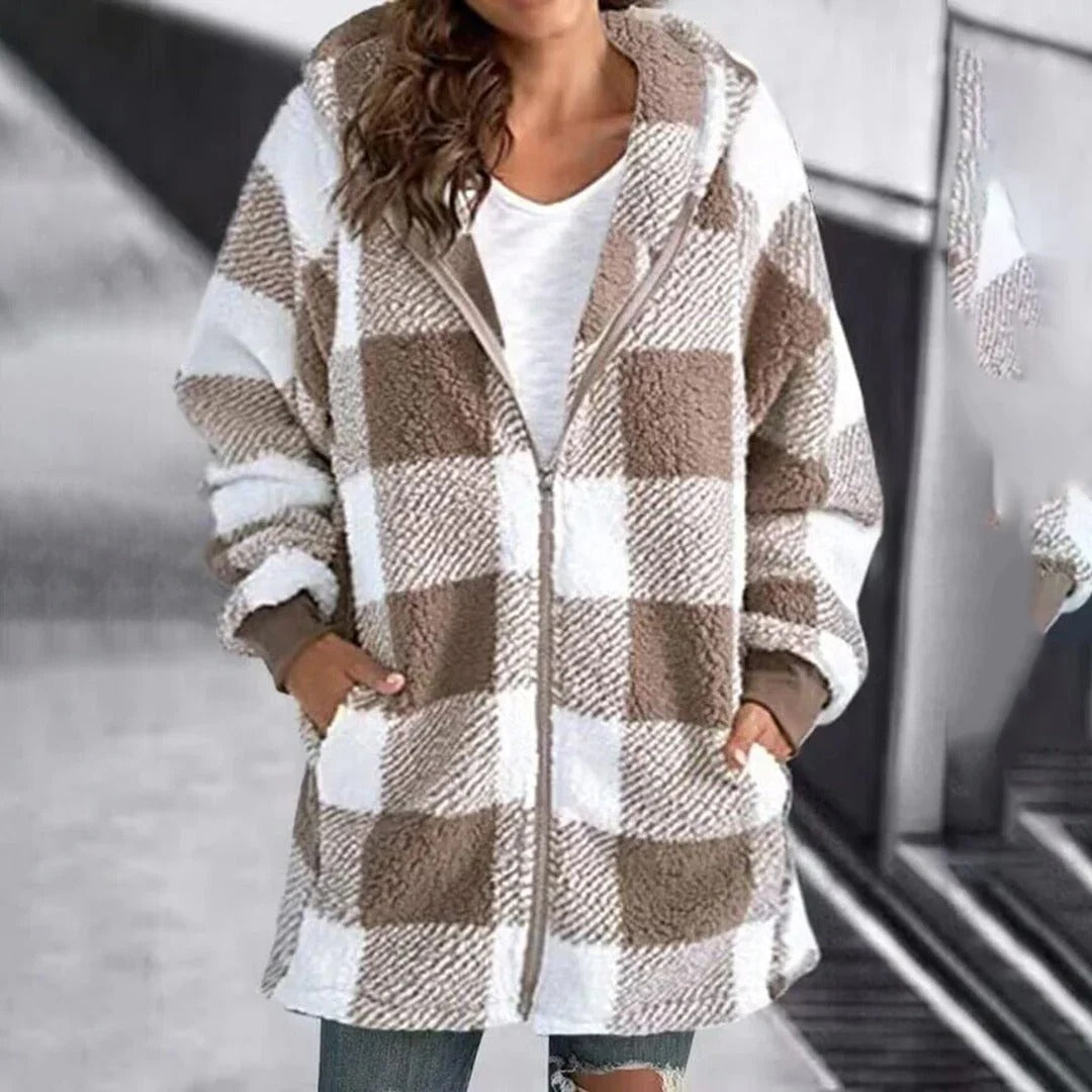 Women’s Hoodie – Oversized Fit – Soft Knit – Full Zip – Checkered Mid-Thigh Length