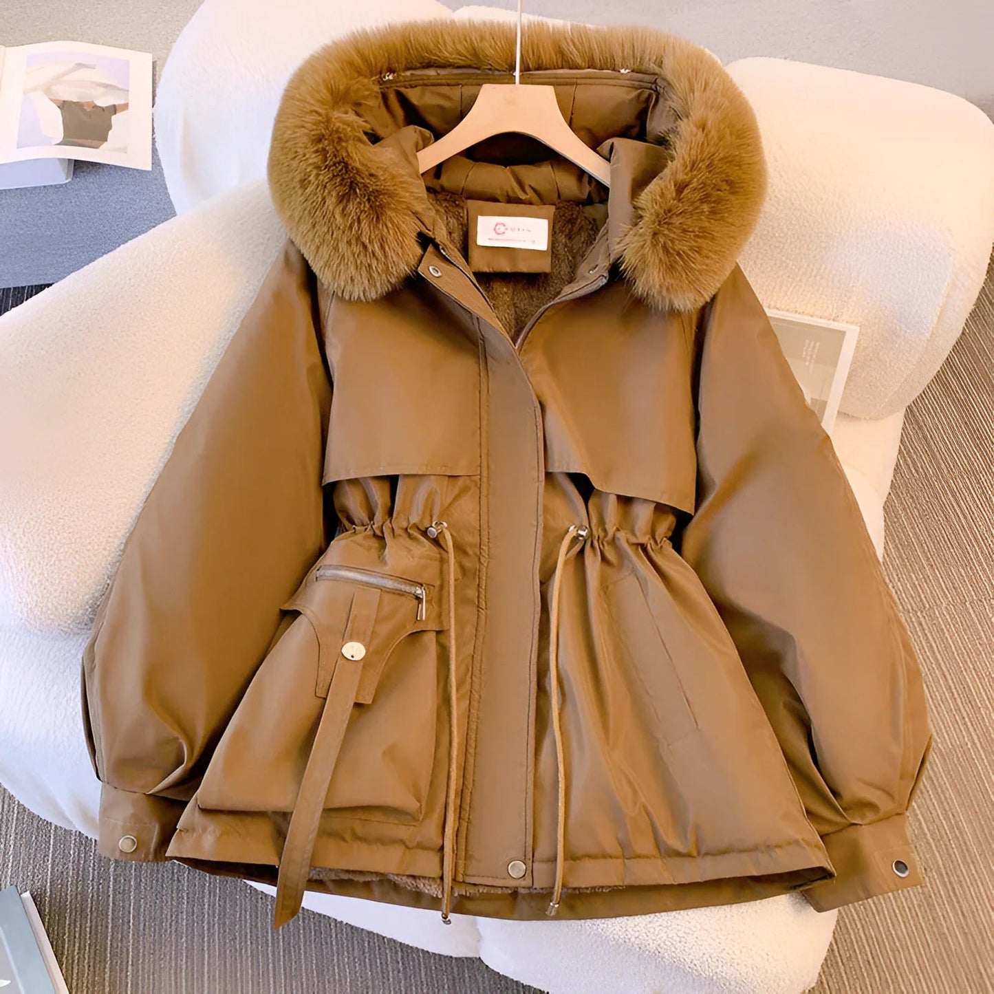 Women’s Mid-Length Coat – Fur-Lined Hood – Cinched Waist – Puff Sleeves – Snap Cuffs