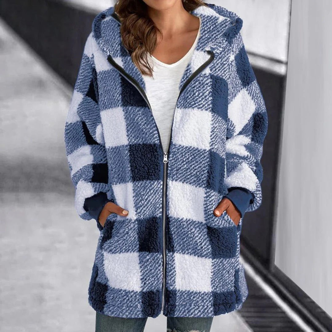 Women’s Hoodie – Oversized Fit – Soft Knit – Full Zip – Checkered Mid-Thigh Length