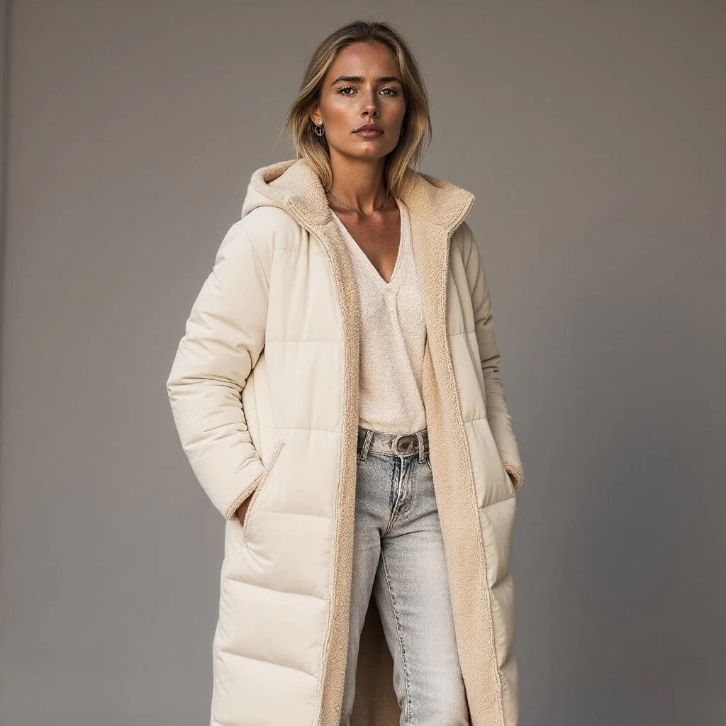 Women’s Quilted Jacket – Relaxed Fit – Fleece Collar – Full Length Insulated Outerwear