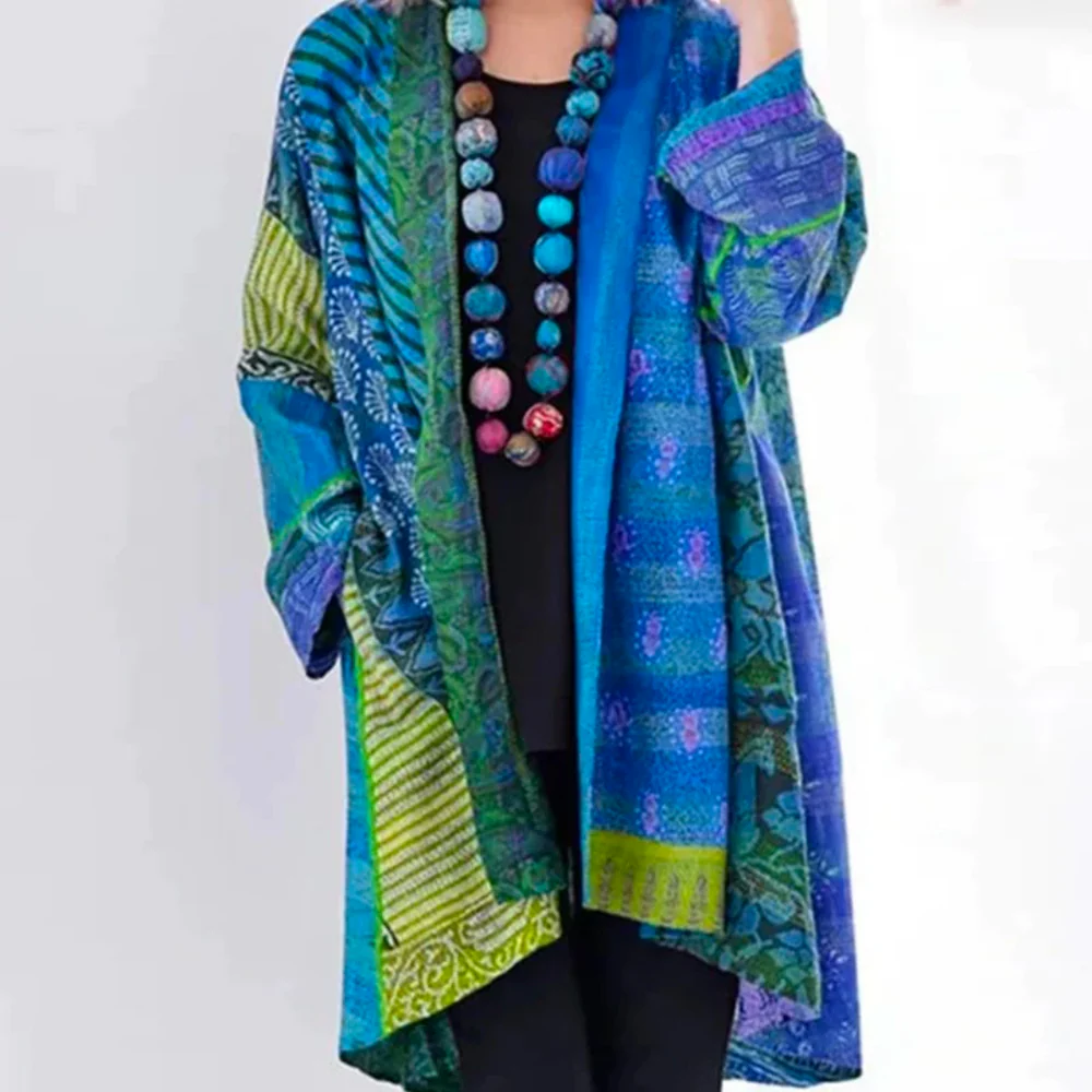 Women’s Long Cardigan – Oversized Fit – Textured Knit – Open Front – Boho Pattern