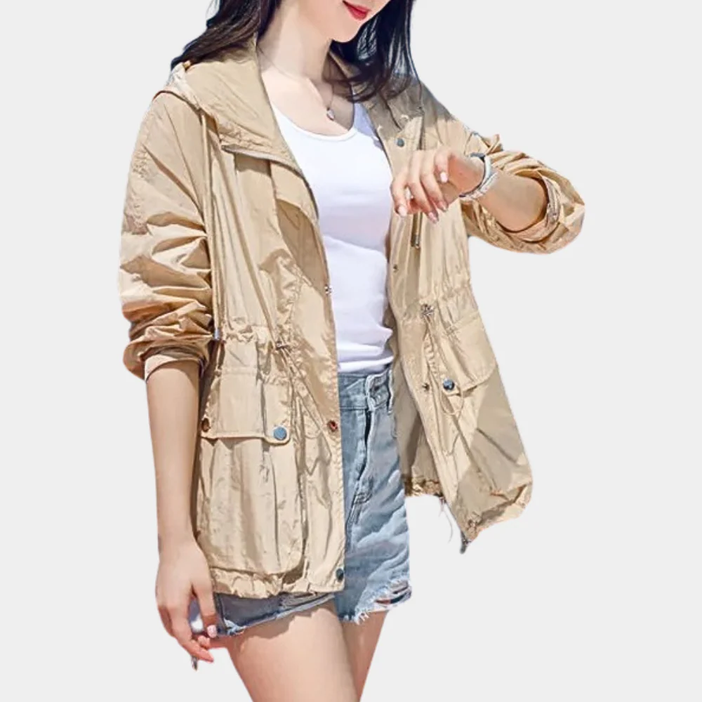 Women’s Jacket – Relaxed Fit – Hooded – Zip Front – Adjustable Waist – Roll-Up Sleeves – Front Pockets