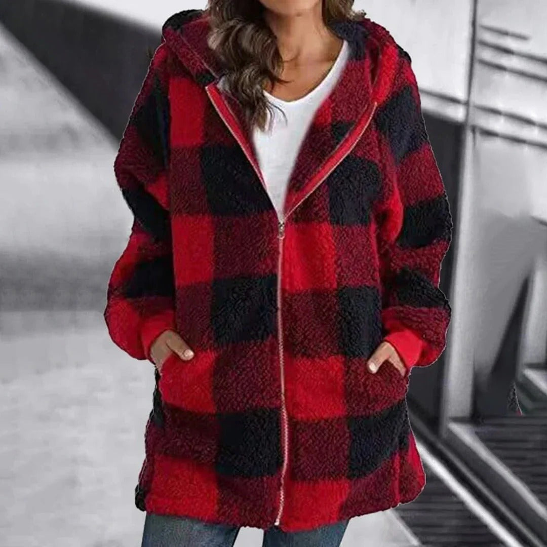 Women’s Hoodie – Oversized Fit – Soft Knit – Full Zip – Checkered Mid-Thigh Length