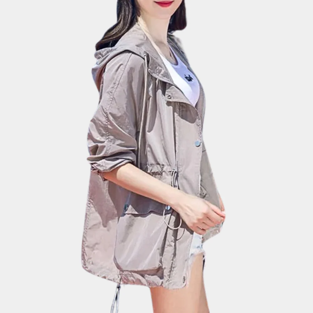 Women’s Jacket – Relaxed Fit – Hooded – Zip Front – Adjustable Waist – Roll-Up Sleeves – Front Pockets