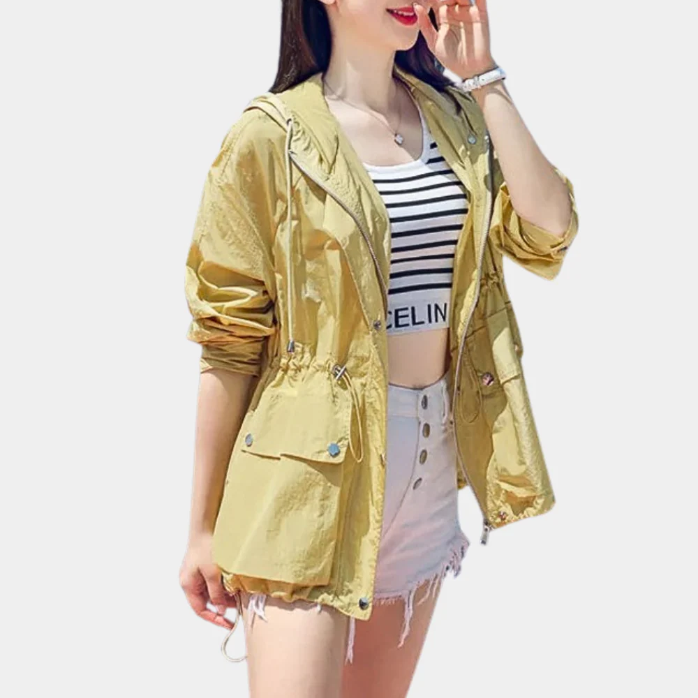 Women’s Jacket – Relaxed Fit – Hooded – Zip Front – Adjustable Waist – Roll-Up Sleeves – Front Pockets