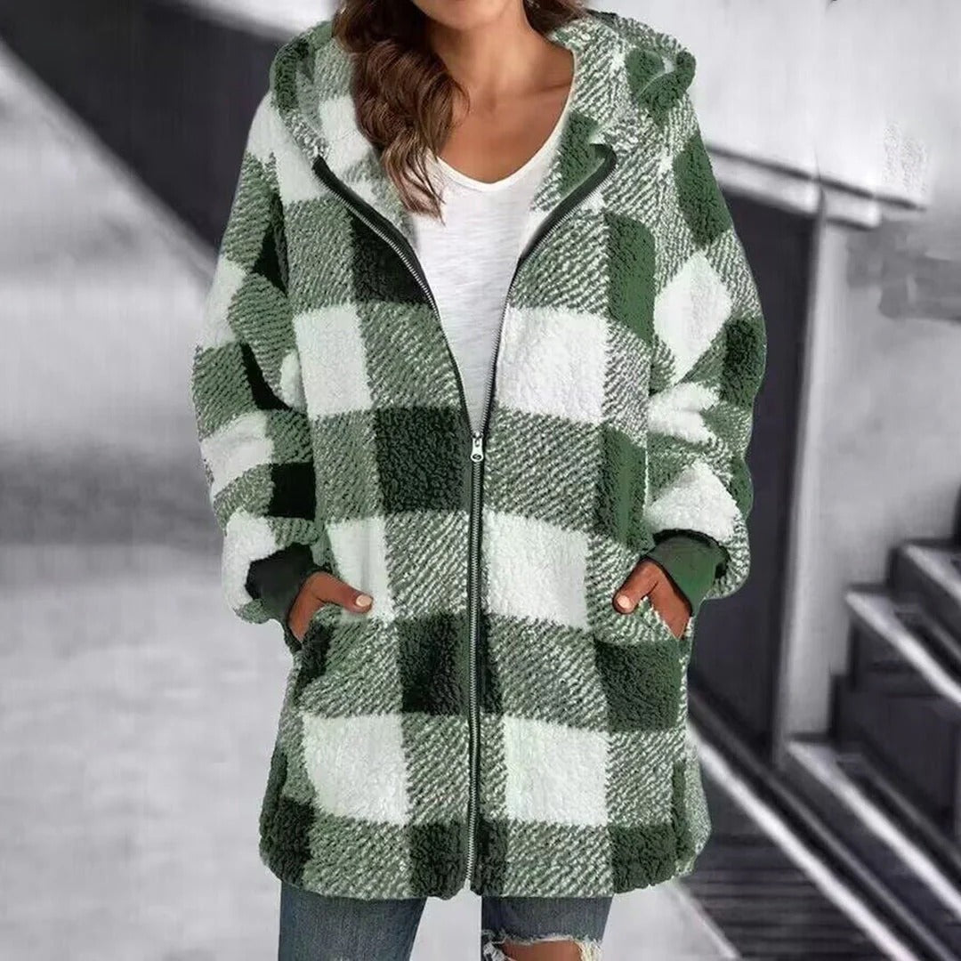 Women’s Hoodie – Oversized Fit – Soft Knit – Full Zip – Checkered Mid-Thigh Length
