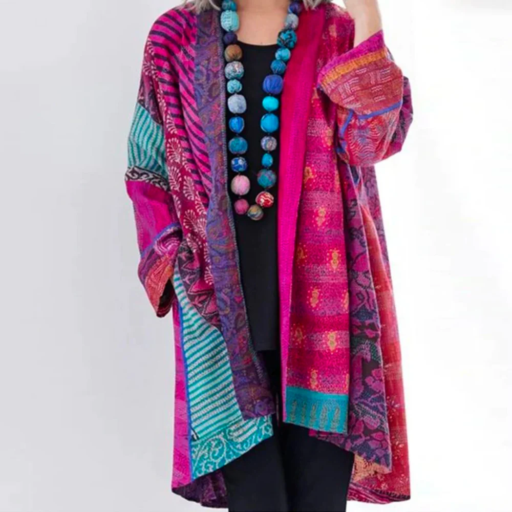 Women’s Long Cardigan – Oversized Fit – Textured Knit – Open Front – Boho Pattern