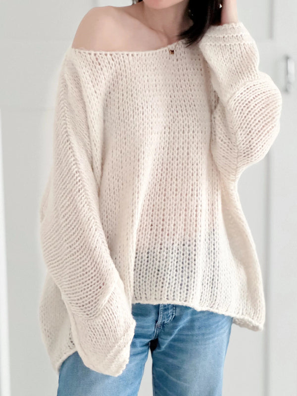 Women’s Sweater – Oversized Fit – Chunky Knit Wool – Off-Shoulder Long Sleeve Casual