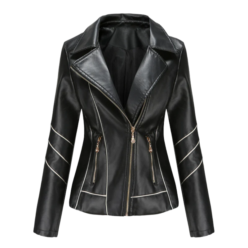 Women’s Leather Jacket – Slim Fit – Asymmetrical Zip – Notched Lapel – Cropped Biker Style – Piping Detail – Zippered Pockets
