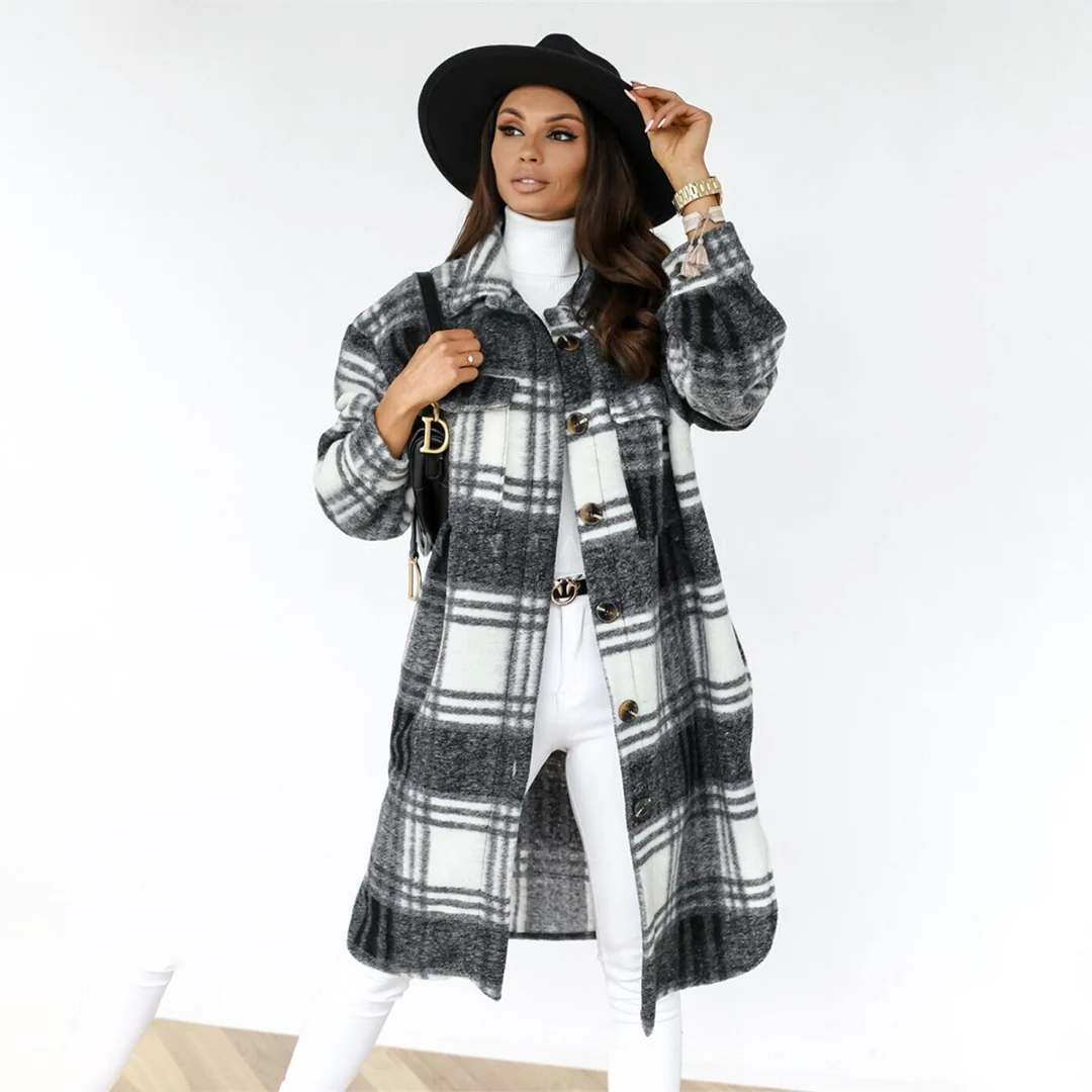 Women’s Long Coat – Relaxed Fit – Wool Feel – Checkered Pattern – Full Length