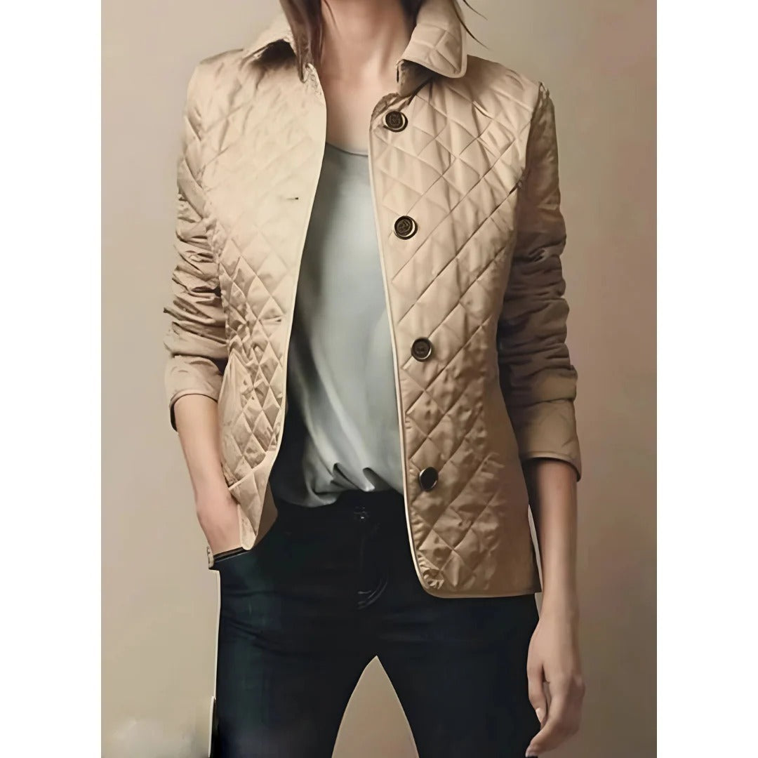 Women’s Quilted Jacket – Tailored Fit – Diamond Pattern – Hip Length – Button Front