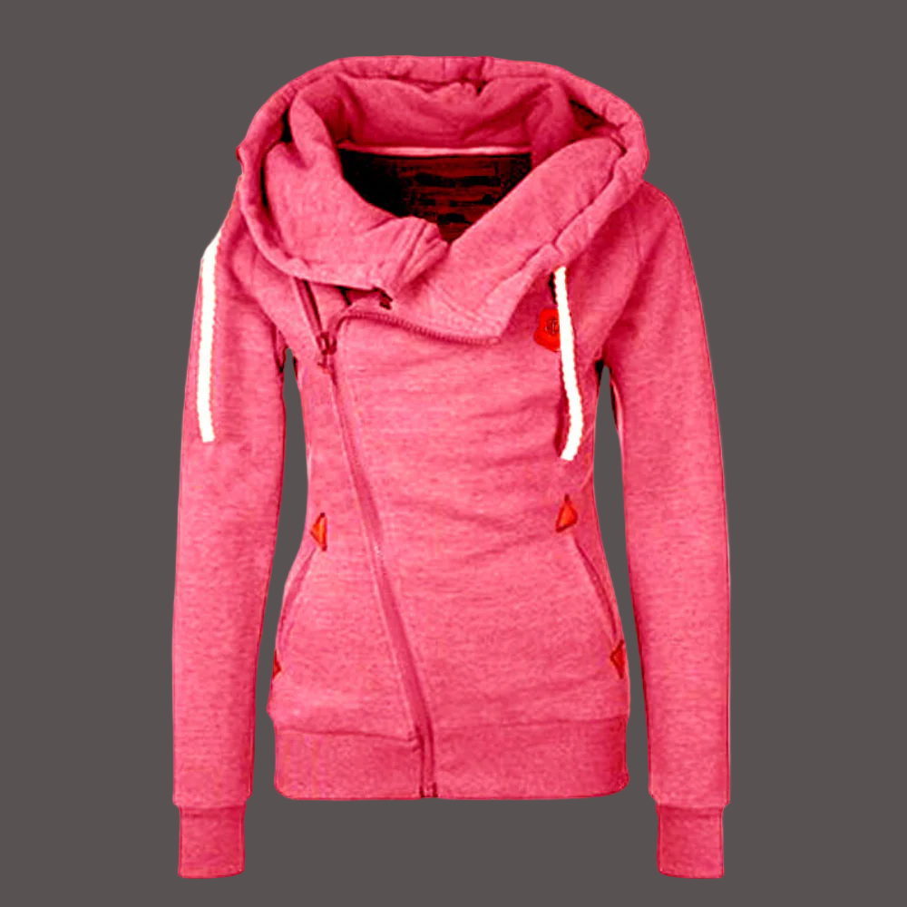 Women’s Hoodie Jacket – Relaxed Elongated Fit – Cotton Knit – Asymmetrical Zipper – Braided Drawstrings