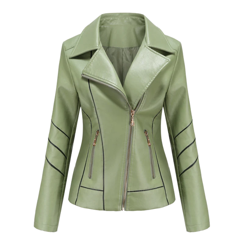 Women’s Leather Jacket – Slim Fit – Asymmetrical Zip – Notched Lapel – Cropped Biker Style – Piping Detail – Zippered Pockets