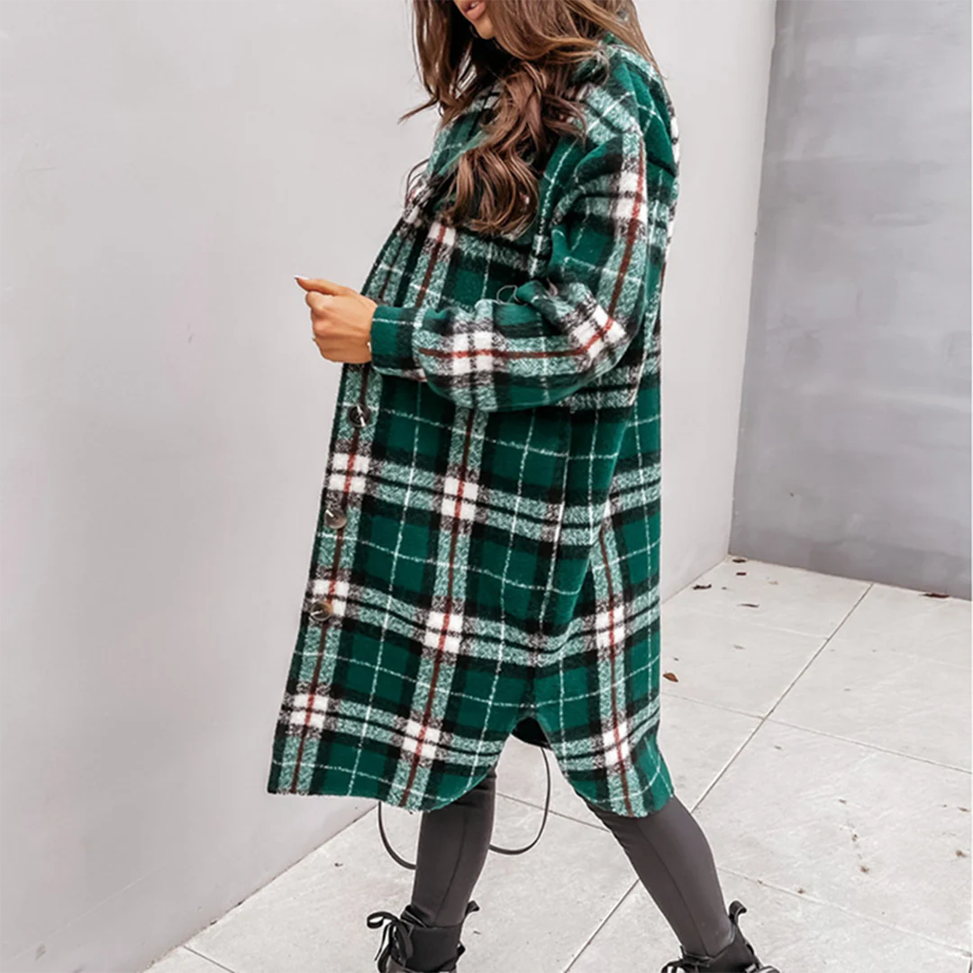 Women’s Long Coat – Relaxed Fit – Wool Feel – Checkered Pattern – Full Length